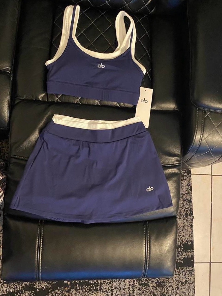 Alo Yoga Navy Blue & White Sports Bra And Skirt Set